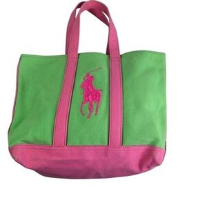 Ralph Lauren Polo pink green canvas large pony preppy tote bag
